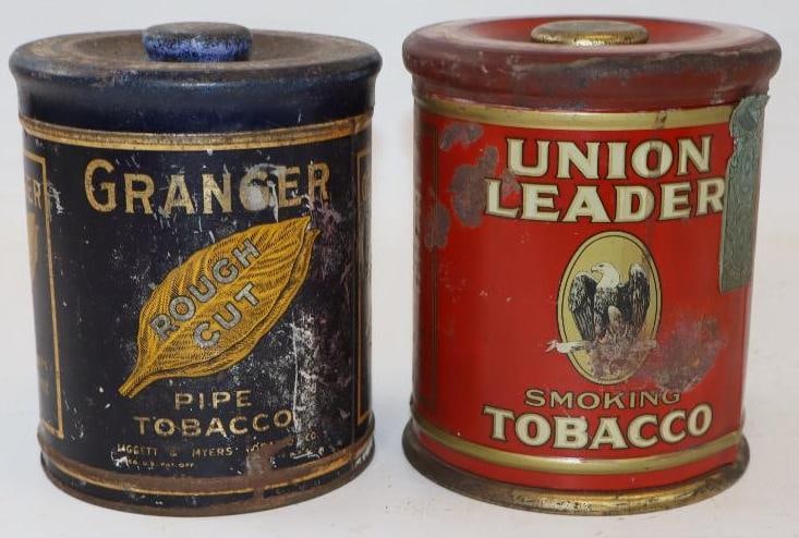 Group of 2 Union Leader & Granger Pipe Tobacco Advertising Cans: 5" x 5" x 6" each