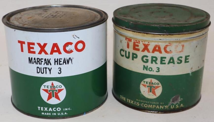 Group of 2 Texaco Marfak & Cup 5 Pound Grease Cans: 6.5" x 6.5" x 6" each, both have contents