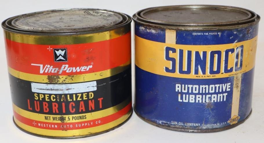 Group of 2 Sunoco & Vita-Power 5 Pound Grease Cans: 6.5" x 6.5" x 5.25" each, both are empty