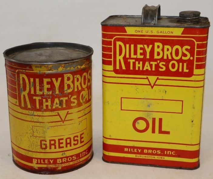 Group of 2 Riley Brother's 1 Gallon Oil & 5 Pound Grease Cans: Largest is 4" x 6.25" x 10"