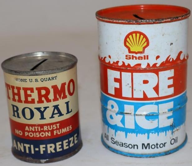 Group of 2 Shell & Thermo Royal Oil Can & Barrel Shaped Coin Banks: Largest is 2.75" x 2.75" x 4" barrel is missing stopper