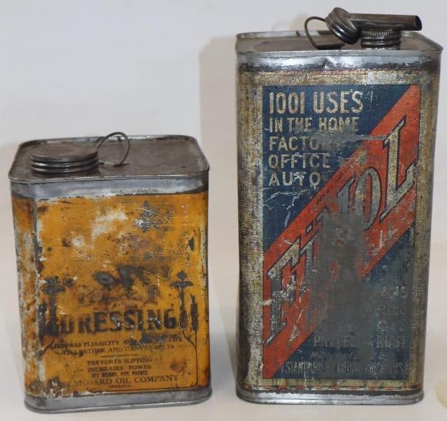 Group of 2 Early Standard Oil Finol & Belt Dressing Can: Largest is 1 gallon