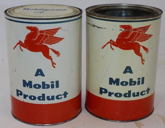 Group of 2 - 5 Pound Mobil Grease Cans: 5.5" x 5.5" x 8" both are empty, one is missing lid