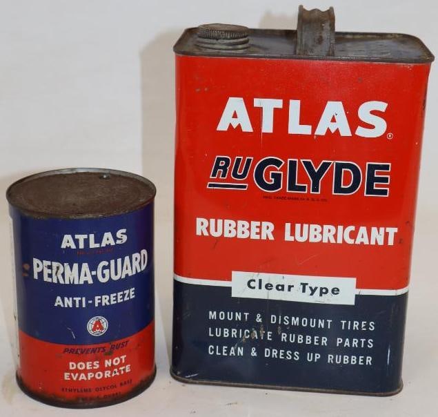 Group of 2 Atlas Perma-Guard & RuGlyde Metal Advertising Cans: Largest is 1 gallon