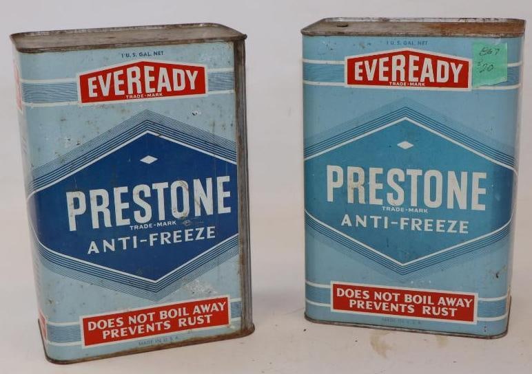 Group of 2 EverReady Prestone 1 Gallon Antifreeze Cans: 6.5" x 4" x 9.5" each