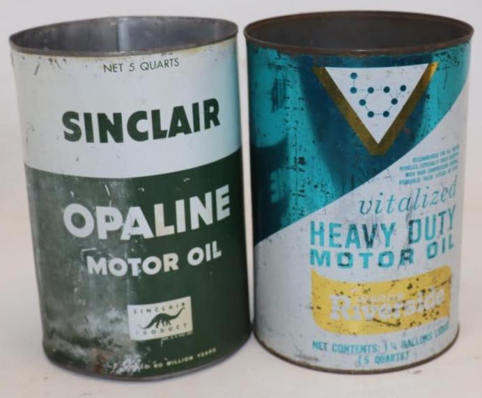 Group of 2 Sinclair Opaline & Vitalize HD 5 Quart Metal Oil Can: 7" x 7" x 9.5" each, both missing top lid