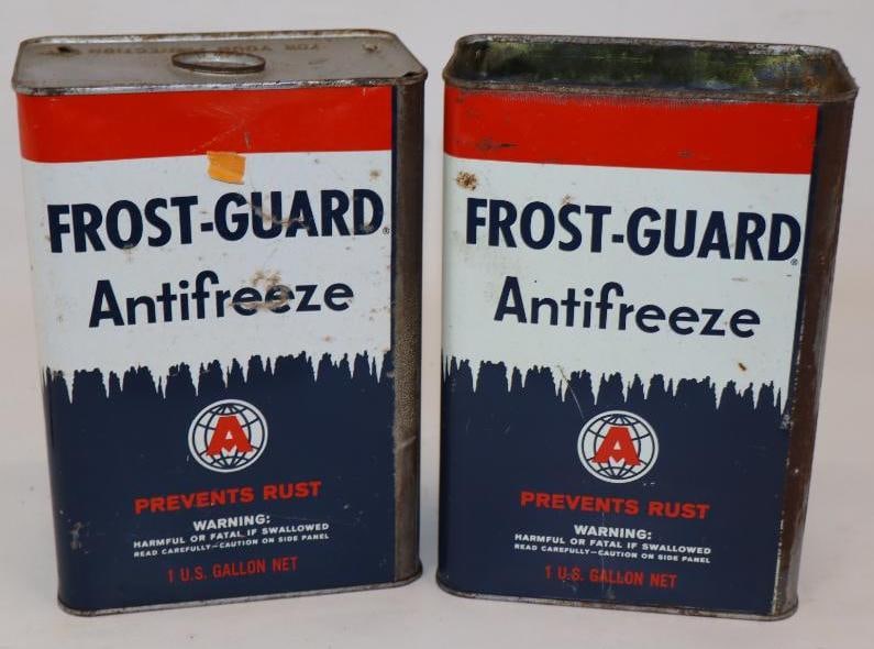 Group of 2 Atlas Frost-Guard 1 Gallon Antifreeze Cans: 6.5" x 4" x 9.5" each, 1 is missing couplet
