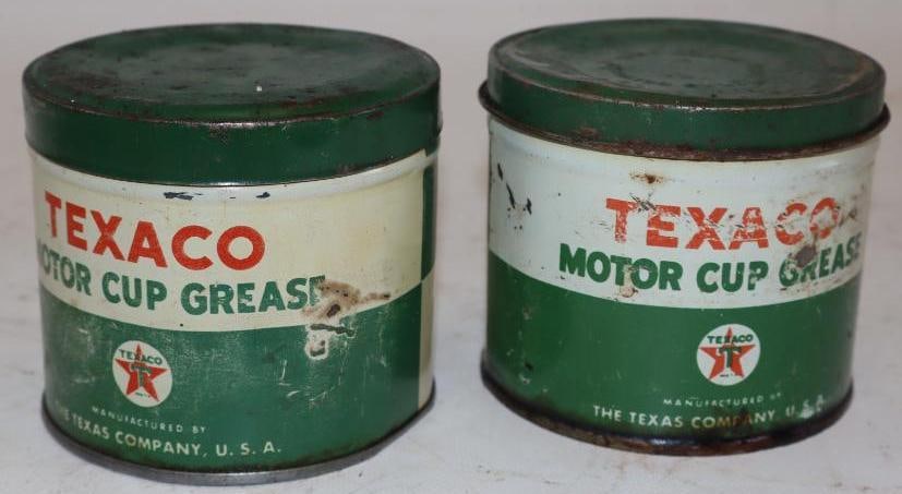 Group of 2 Texaco 1 Pound Motorcup Grease Cans: 16 oz each, one is empty
