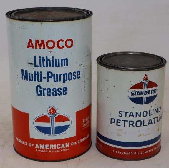 Group of 2 Amoco & Standard 5 & 10 Pound Grease Cans: Largest is 6.5" x 6.5" x 11"