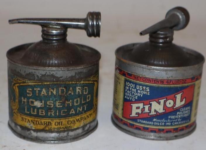 Group of 2 Standard Oil & Finol Round Household Oiler Cans: 4 oz each empty