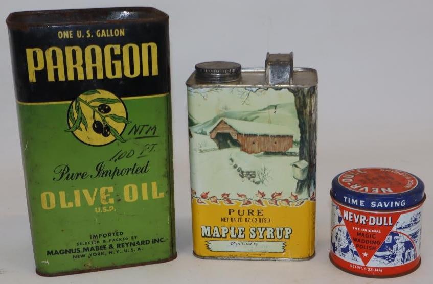Group of 3 Paragon, Pure, & Neve-dull Olive Oil, Maple Syrup, & Polish Household Advertising Tins: Largest is 4.5" x 6" x 9.75" Paragon is missing top lid