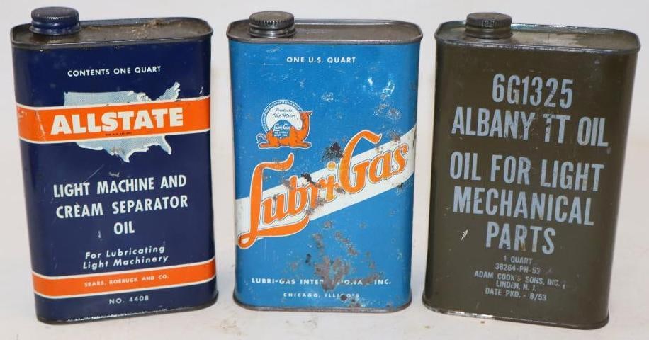 Group of 3 Allstate, Lubri-Gas, & Military 1 Quart Rectangle Oil Cans: 32 oz each, all are empty