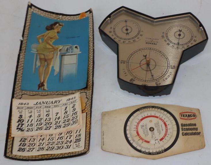 Group of 3 - 1943 Texaco Calendar, Slide Ruler, & Barometer (1 of 5)