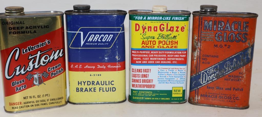 Group of 4 Auto Wax & Brake Fluid Advertising Pint Cans: 16 oz each, all are empty