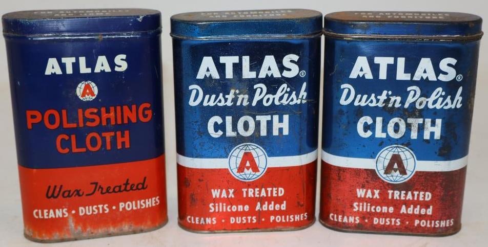 Group of 3 Atlas Auto Polish Advertising Tins: 3.5" x 1.5" x 5.5" each, all have polishing cloths