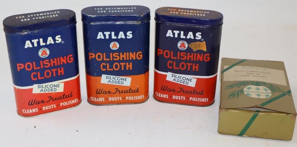 Group of 3 Atlas Auto Polish Advertising Tins: 3.5" x 1.5" x 5.5" each, all have polishing cloths, comes with one Christmas giveaway box