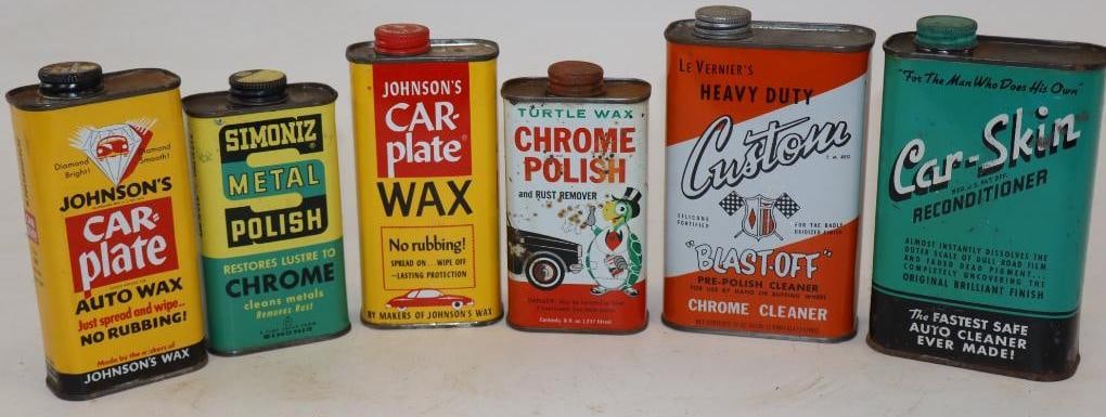Group of 6 Auto Polish & Reconditioner Automotive Advertising Cans: Largest is 16 oz