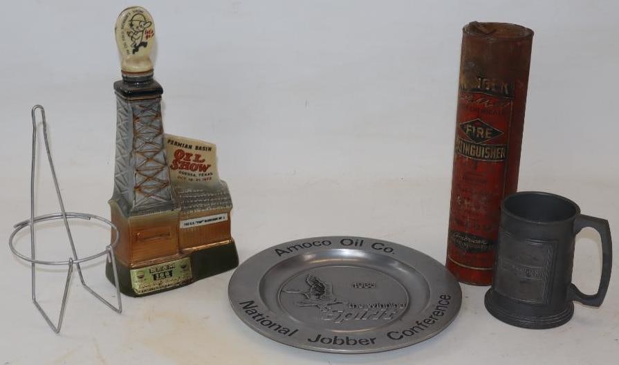 Group of 5 Gas, Oil & Transportation Related Decanter, Cup, Plate, & Other Items: Largest is 9" x 9" x 1"