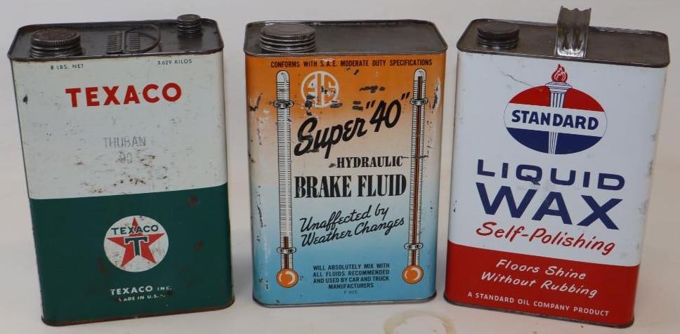 Group of 3 Texaco, Standard, & EIS Oil, Brake, & Wax Gallon Cans: 6.5" x 4.25" x 10" each
