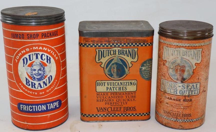 Group of 3 Dutch Brand Tire Repair Kits & Friction Tape Cans: Largest is 4.5" x 4.5" x 8.5"