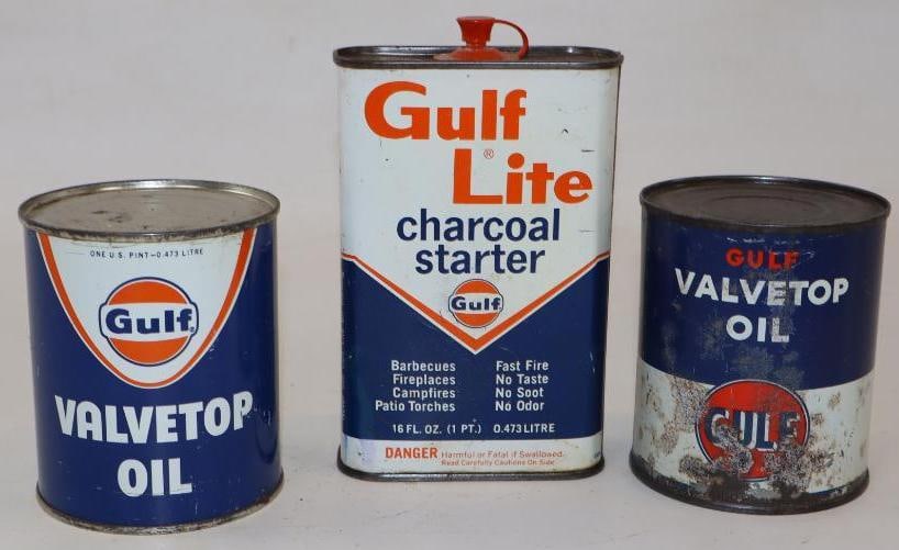 Group of 3 Gulf Valve Oil & Lighter Fluid Cans: Largest is 16 oz, lighter fluid is empty