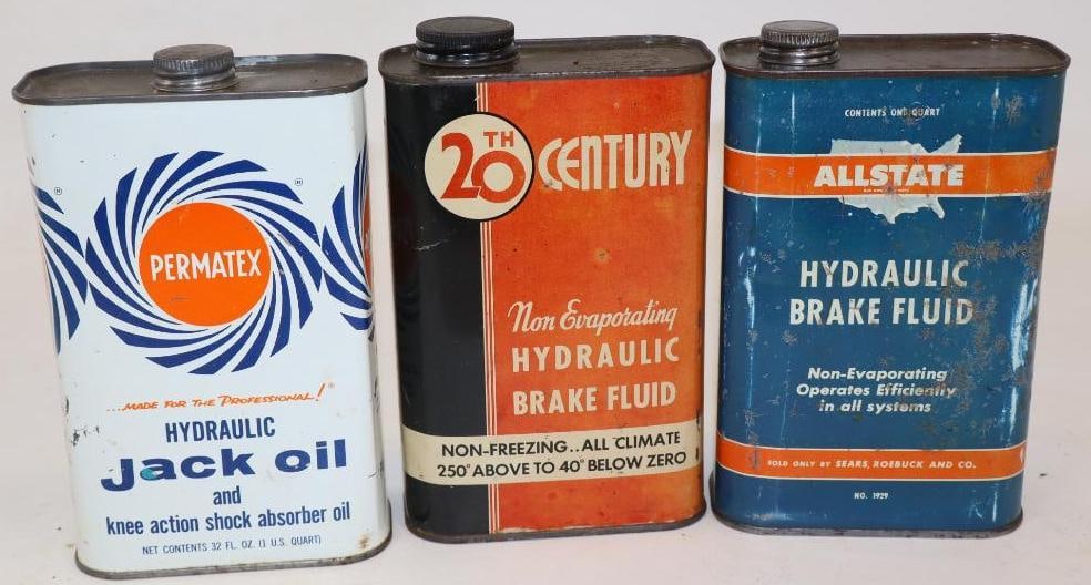 Group of 3 Allstate, Permatex, & 20th Century Brake Fluid Quart Cans: 32 oz each, empty