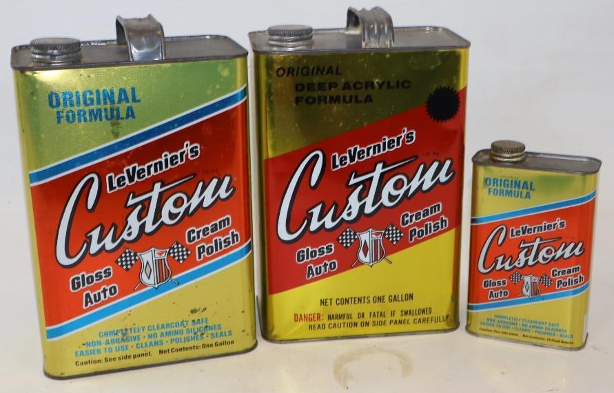 Group of 3 LeVerniner's Custom Auto Polish Advertising Cans: Largest is 1 gallon