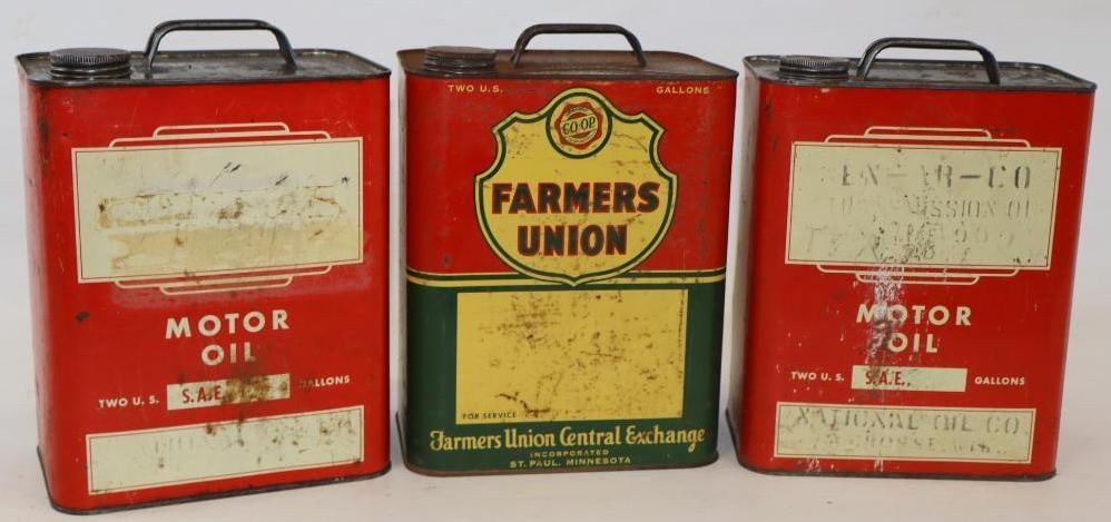 Group of 3 Farmers Union, En-Ar-Co & Unbranded 2 Gallon Oil Cans: 8.5" x 5.5" x 11.5" each