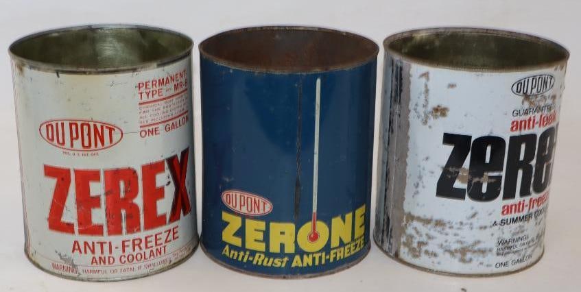 Group of 3 Dupont, Zerex, & Zerone 1 Gallon Antifreeze Cans: 6.5" x 6.5" x 7.5" each, all are missing top lid