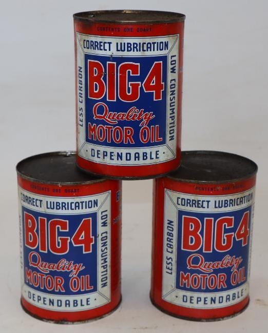 Group of 3 Big 4 1 Quart Metal Oil Cans: 32 oz each, all are empty