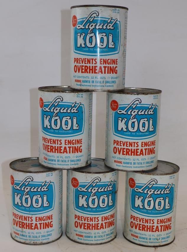 Group of 6 Liquid Kool 1 Quart Metal Antifreeze Cans: 32 oz each, all are empty