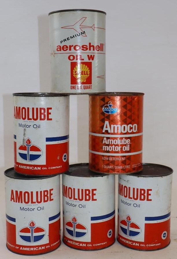 Group of 6 Amolube & Aeroshell 1 Quart Composite Oil Cans: 32 oz each, all are empty, Amoco can is a bank