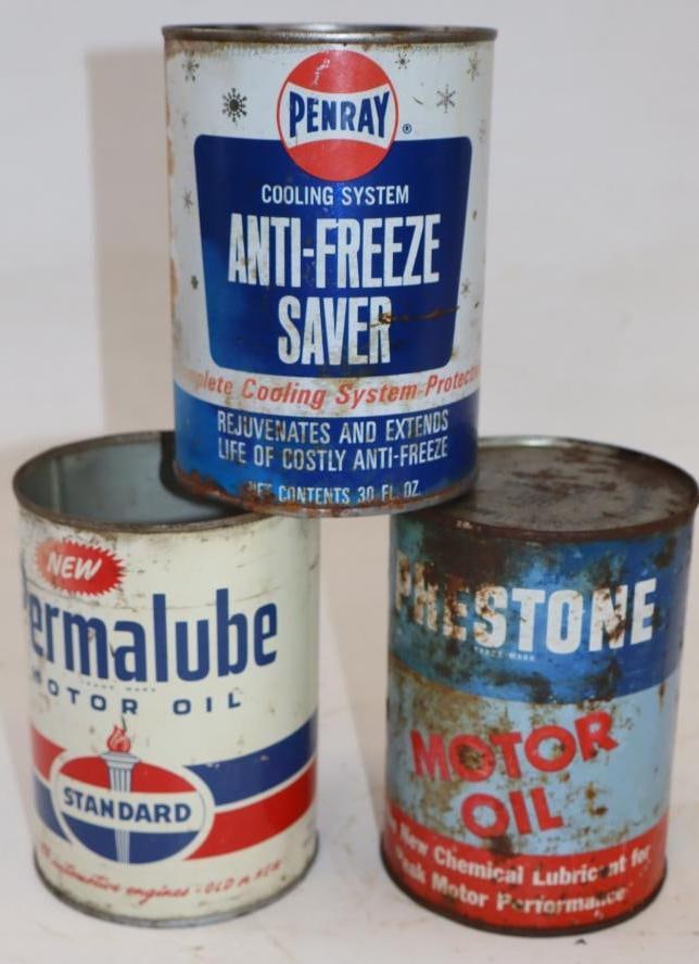 Group of 3 Penray, Permalube, & Prestone 1 Quart Metal Oil Cans: 32 oz each, all are empty, Permalube is missing top lid