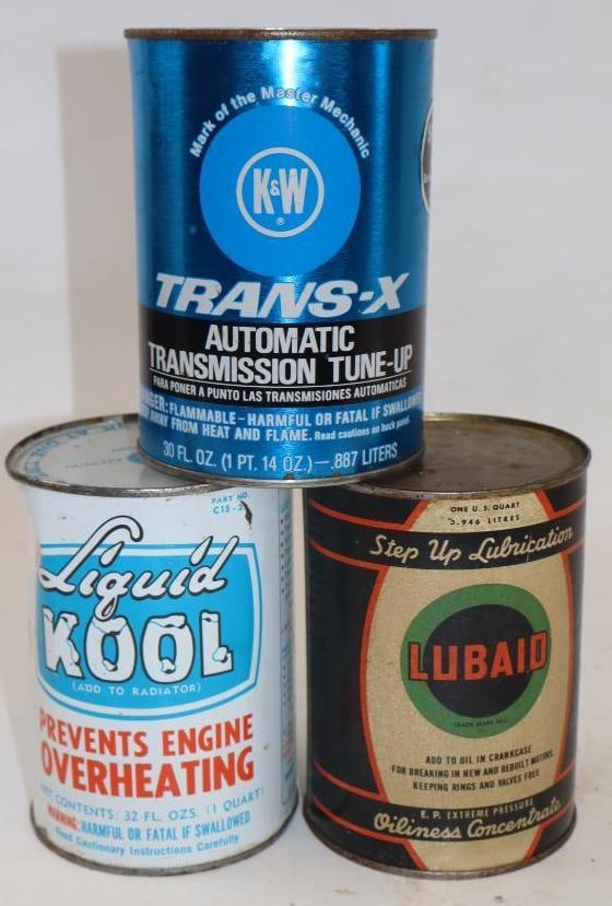Group of 3 Lubaid Liquid Kool, and K&W Trans-X 1 Quart Metal Oil Can Supplements: 32 oz each, all are full