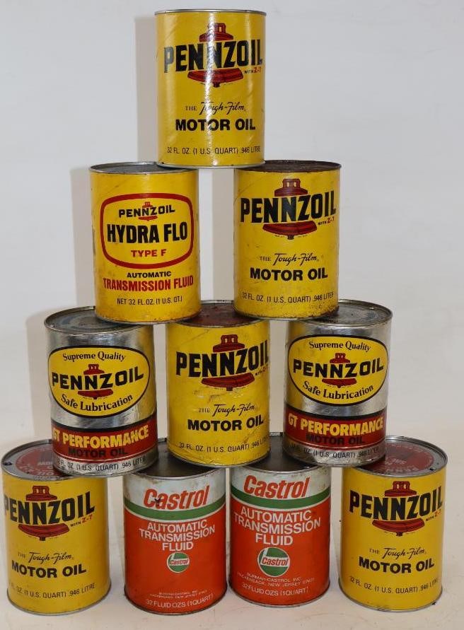 Group of 11 Pennzoil & Castrol 1 Quart Composite Oil Cans: 32 oz each, all are empty
