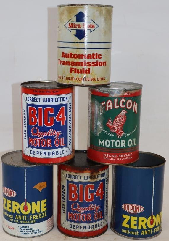 Group of 6 Different 1 Quart Metal And Composite Oil Cans: 32 oz each, all are empty, Blue Dupont is missing top lid