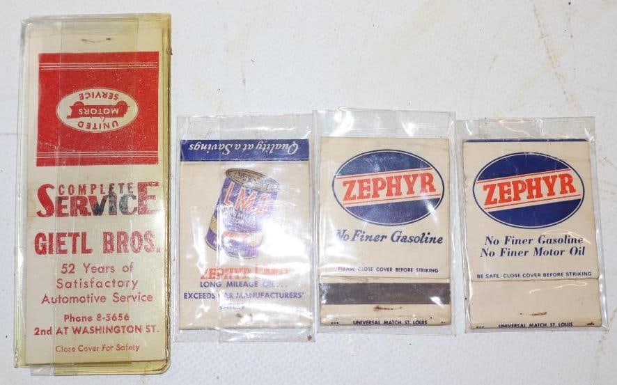 Group of 4 Zephyr Oil & United Motor Service Advertising Matchbooks: 1.5" x 2.25" each