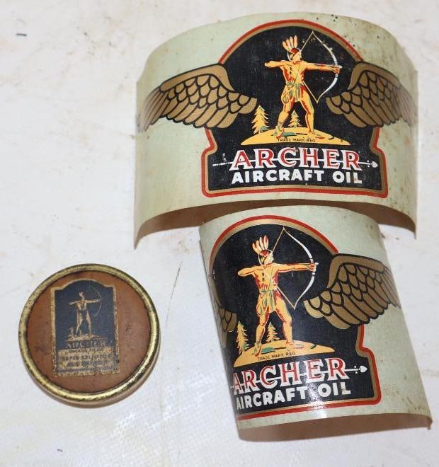Group of 3 Archer Aircraft Oil Sample Kit Tin & Decals: Largest is 6.25" x 2.75"