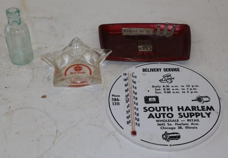 Group of 4 Standard Oil, Phillips 66, Wierichs Petroleum, & Liniment Advertising Ashtrays,: Largest is 7" x 7" Thermometer is working