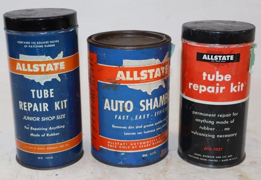 Group of 3 Allstate Tire Tube Kit & Auto Shampoo Cans: Largest is 3.5" x 3.5" x 5.25"