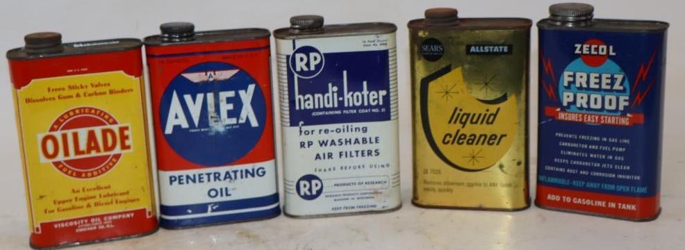 Group of 5 Different 1 Pint Metal Oil Cans: 16 oz each, 1 is full