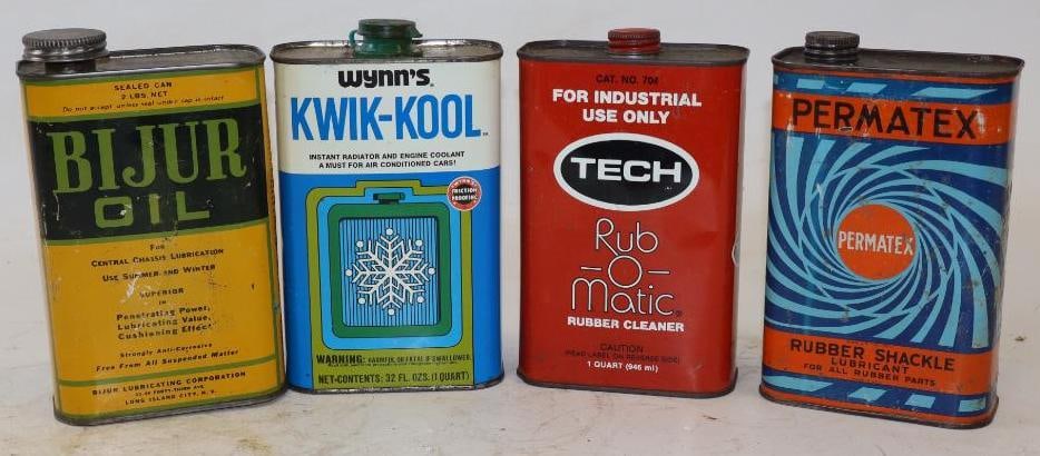 Group of 4 Different 1 Quart Rectangle Auto Related Metal Oil Cans: 32 oz each, all are empty