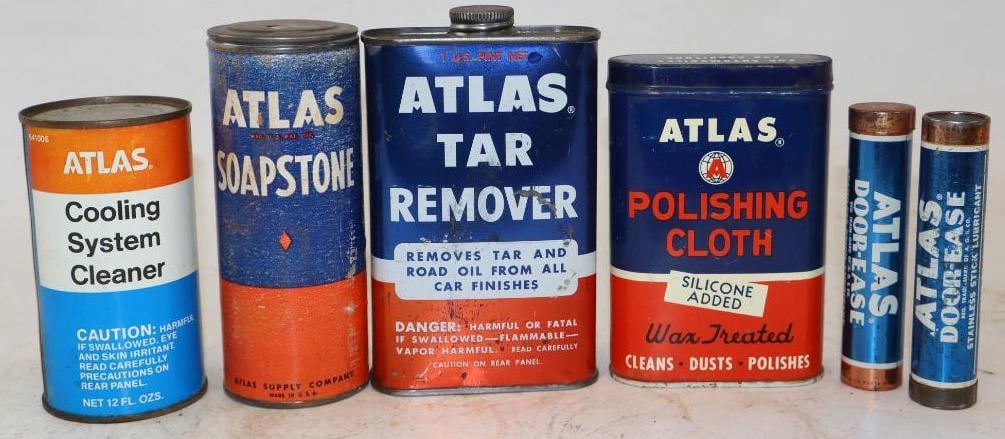 Group of 6 Different Atlas Automotive Related Cans: Largest is 16 oz