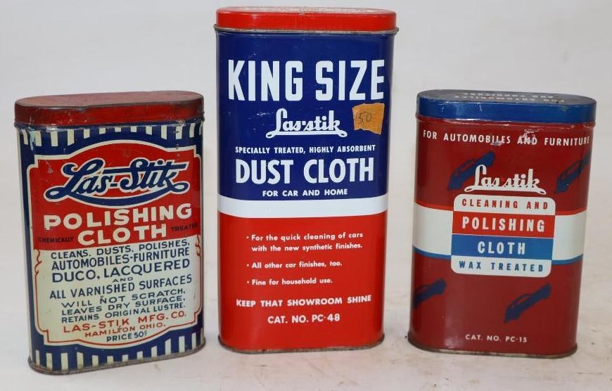Group of 3 Different Las-Stik Polishing Cloth Tins: Largest is 3.5" x 1" x 7" all tins are empty