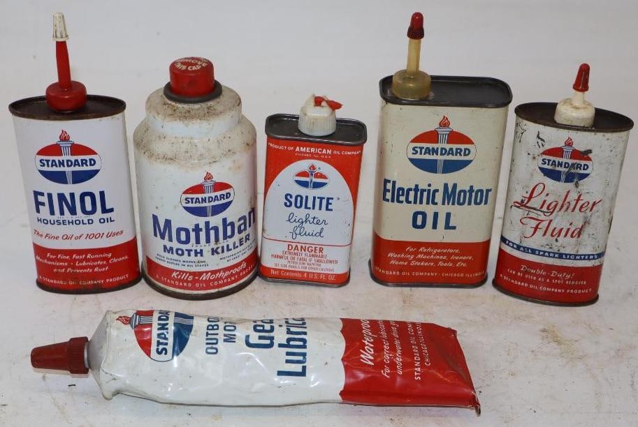 Group of 6 Different Standard Oil Grease Oil & Moth Killer Can & Tube: Largest is 12 oz