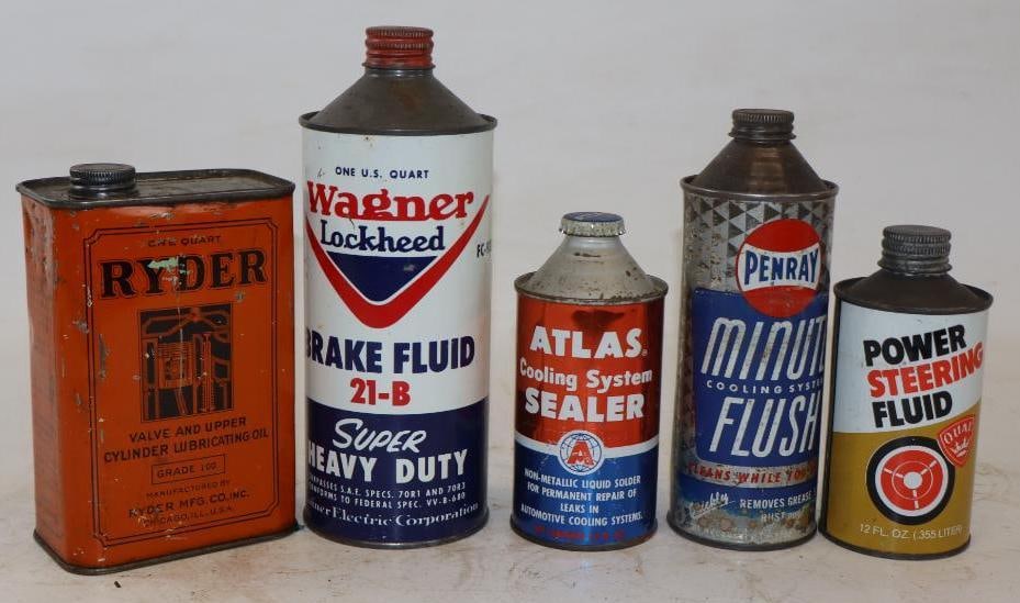 Group of 5 Automotive Related Conetop Advertising Cans: Largest is 32 oz