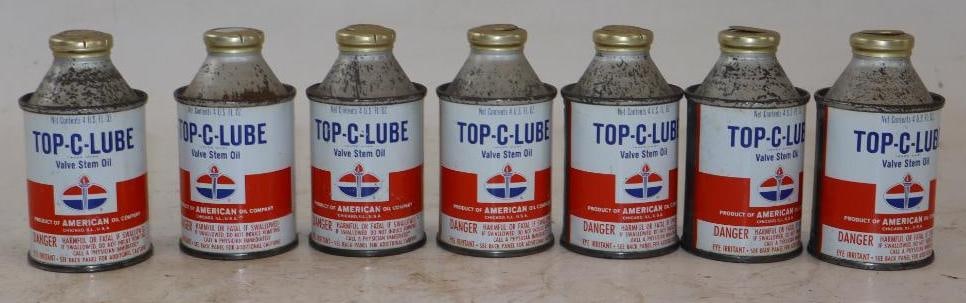 Group of 7 American Oil Top-C-Lube Conetop Oil Cans: 4 oz each, all are full