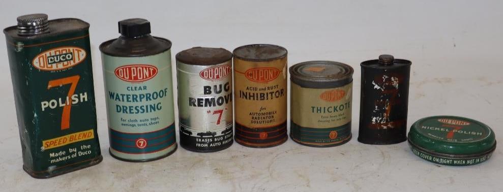 Group of 7 Dupont Car Care Advertising Cans: Largest is 16 oz