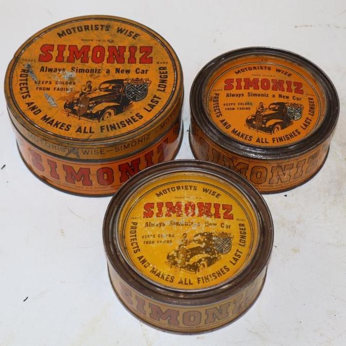 Group of 3 Simoniz Wax Cans with Early Car Graphics: Largest is 16 oz