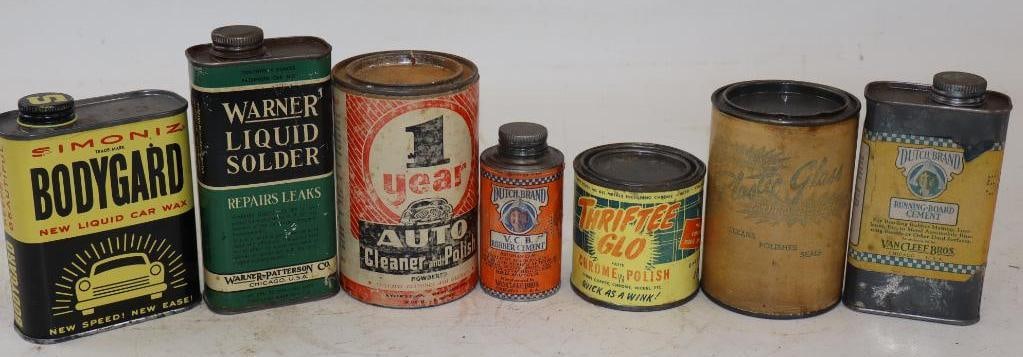 Group of 7 Car Care Advertising Cans: Largest is 12 oz